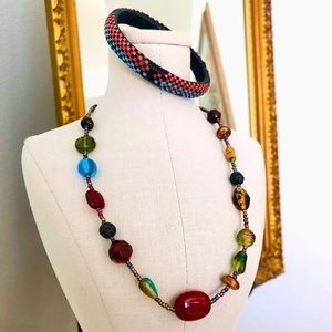 Vintage Glass Art Bead Necklace & Colorful Bangle Bracelet